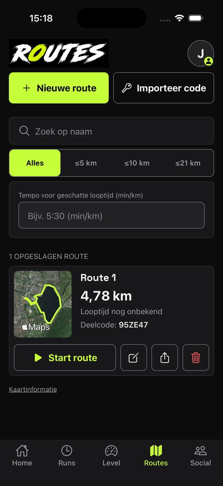 Current Dutch Routes screen with shared Route 1, 4.78 kilometres and code 95ZE47.